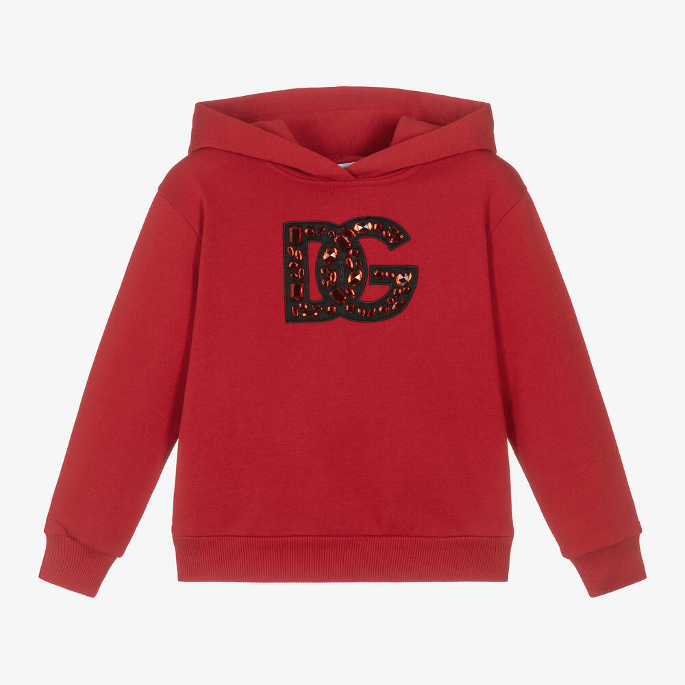 Dolce & Gabbana - Sweat à capuche rouge strassé DG | Childrensalon