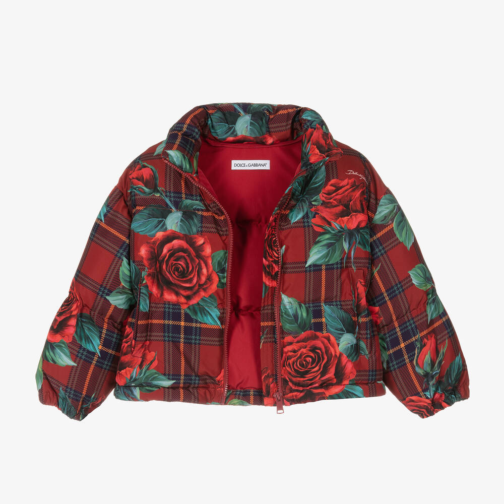 Dolce & Gabbana-Красный пуховик в клетку с розами | Childrensalon Outlet