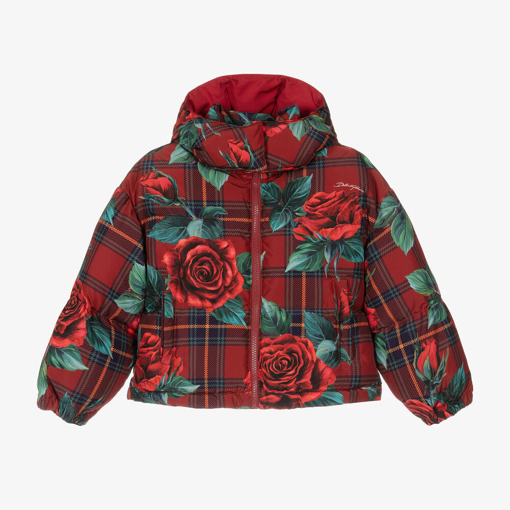 Dolce & Gabbana - Girls Red Tartan Rose Puffer Jacket | Childrensalon