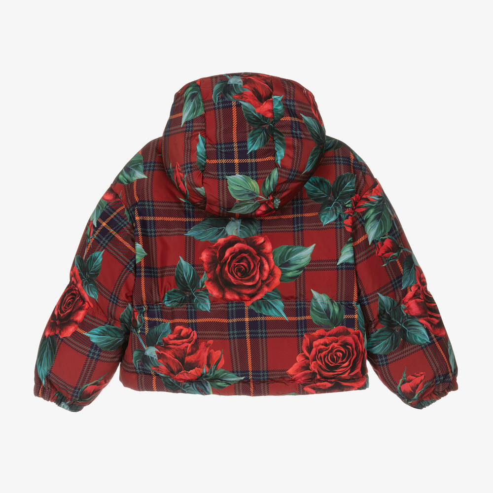 Dolce & Gabbana-Красный пуховик в клетку с розами | Childrensalon Outlet