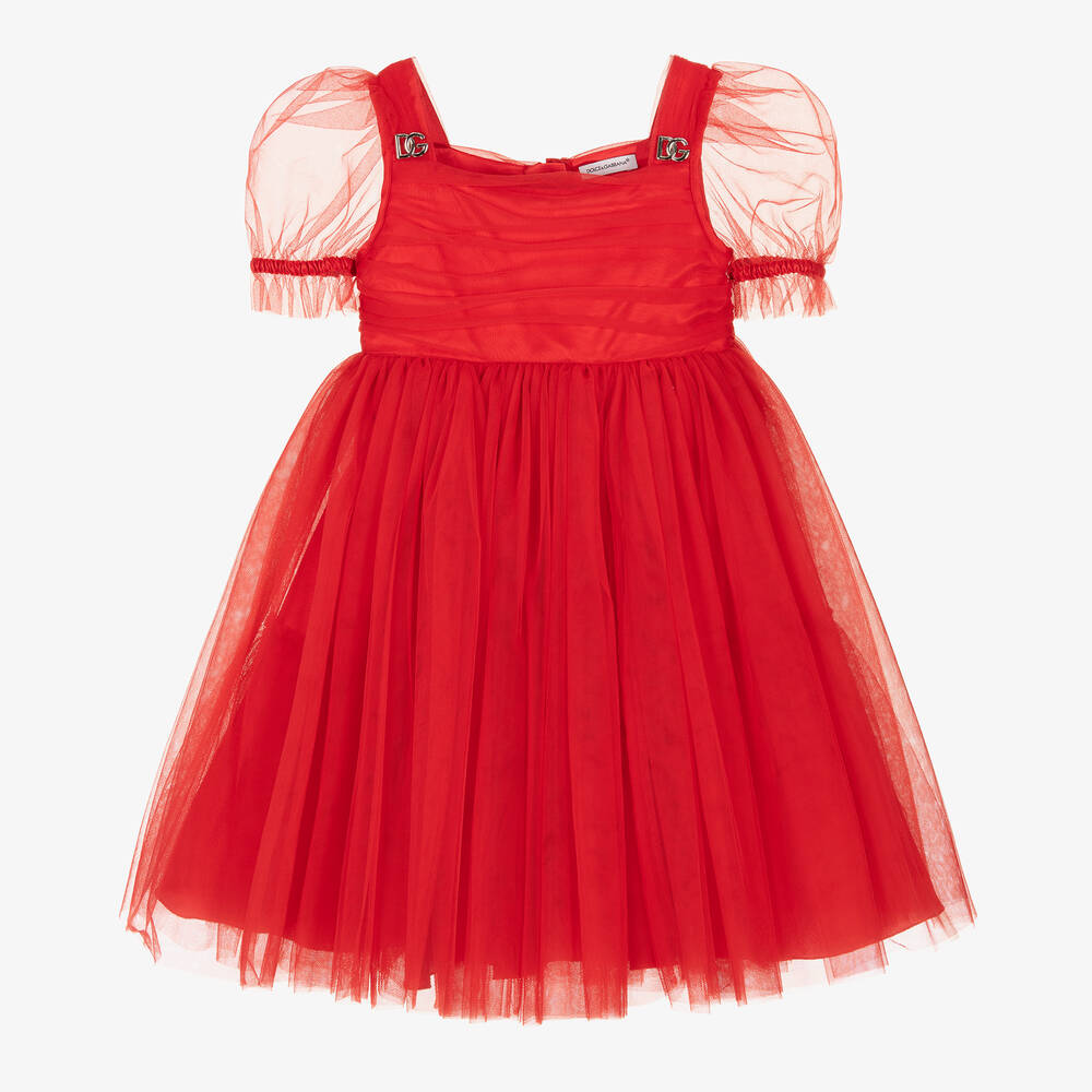 Dolce & Gabbana - فستان ساتان وتول لون أحمر | Childrensalon