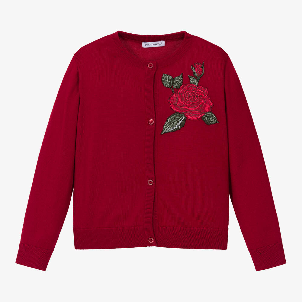 Dolce & Gabbana - Rote Wollstrickjacke mit Rosenstickerei für Mädchen | Childrensalon