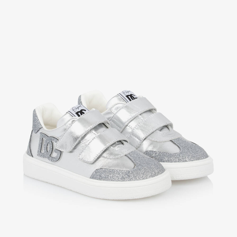 Dolce & Gabbana-Girls Shimmering Silver Leather Trainers | Childrensalon Outlet