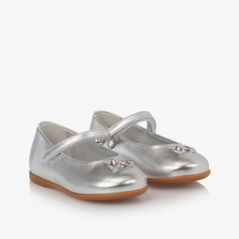 Dolce & Gabbana-Girls Silver Leather Logo Shoes | Childrensalon Outlet