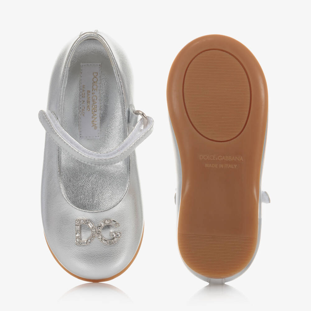 Dolce & Gabbana-Girls Silver Leather Logo Shoes | Childrensalon Outlet