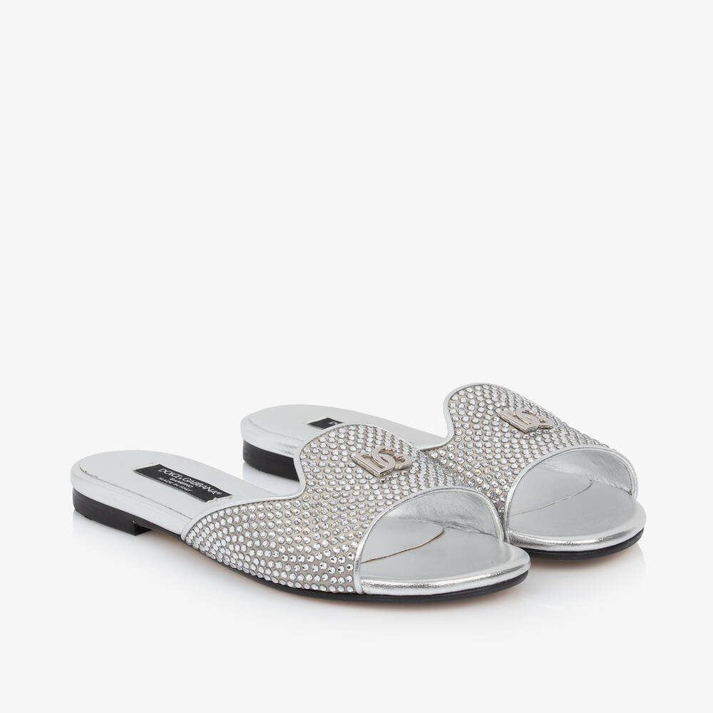 Dolce & Gabbana-Girls Silver Leather Rhinestone Sliders | Childrensalon Outlet