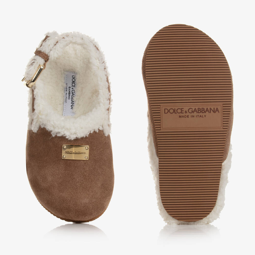 Dolce & Gabbana-Girls Tan Brown Leather & Sherpa Mules | Childrensalon Outlet