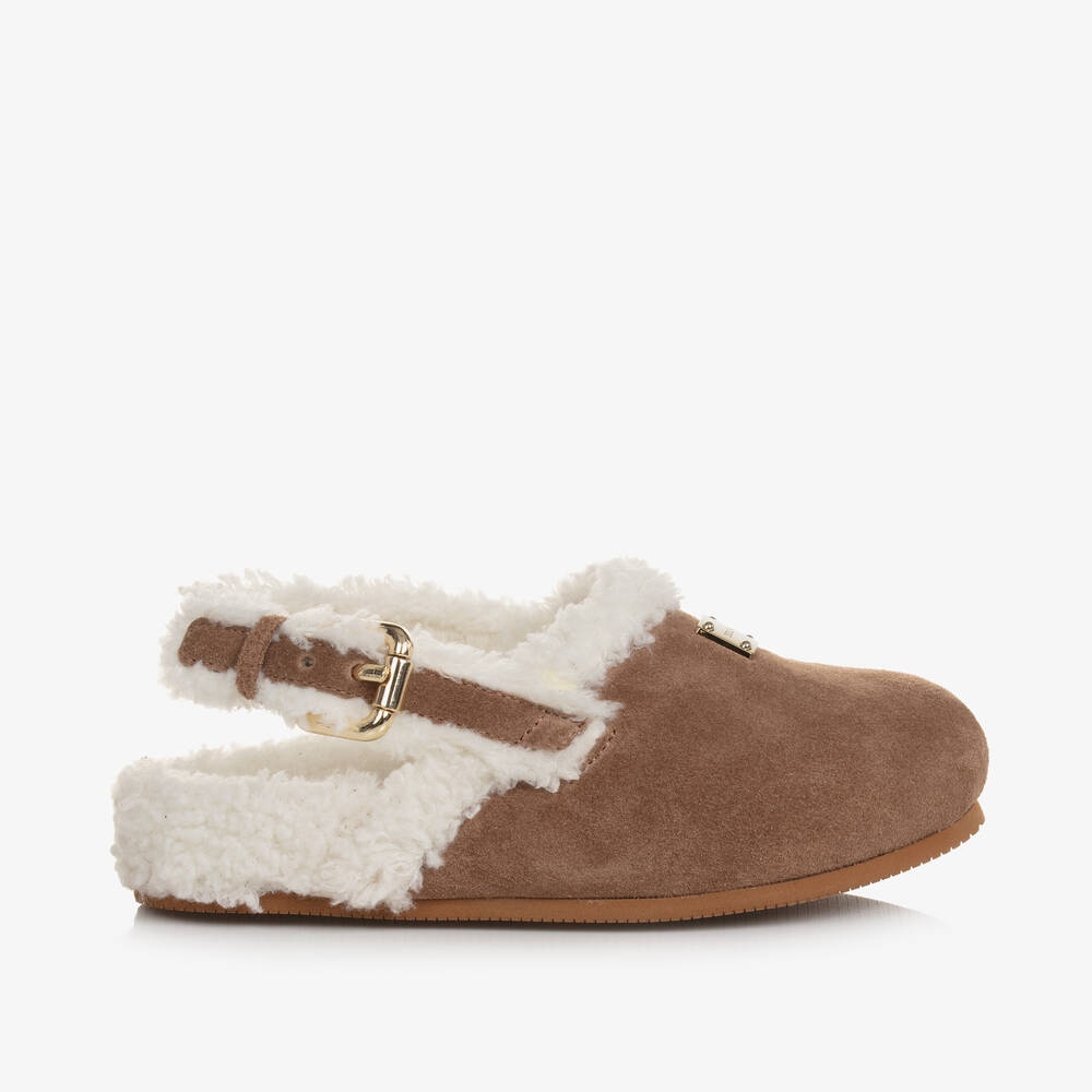 Dolce & Gabbana-Girls Tan Brown Leather & Sherpa Mules | Childrensalon Outlet