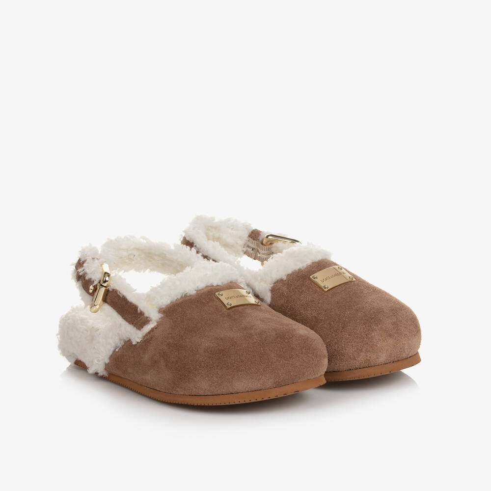 Dolce & Gabbana - Hellbraune Leder-Sherpa-Pantoletten | Childrensalon