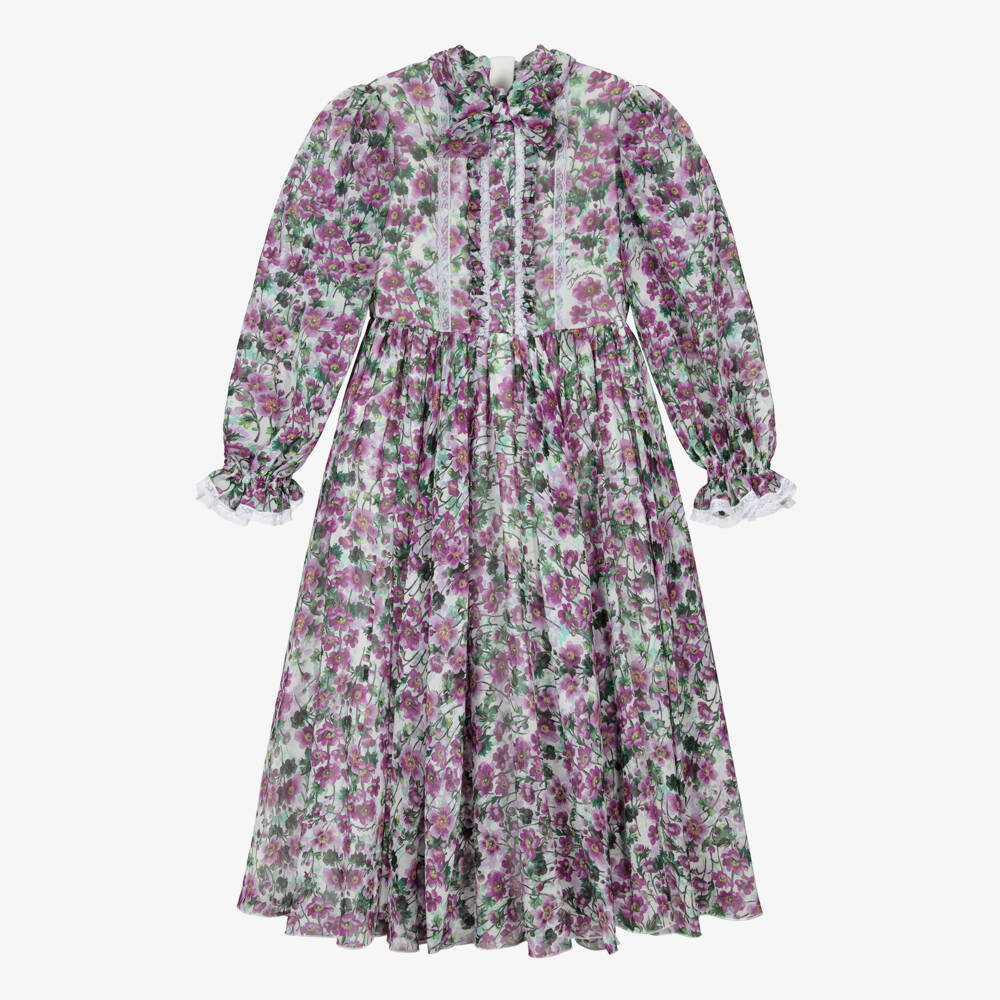Dolce & Gabbana-Girls Violet Purple Floral Pure Silk Chiffon Dress | Childrensalon Outlet
