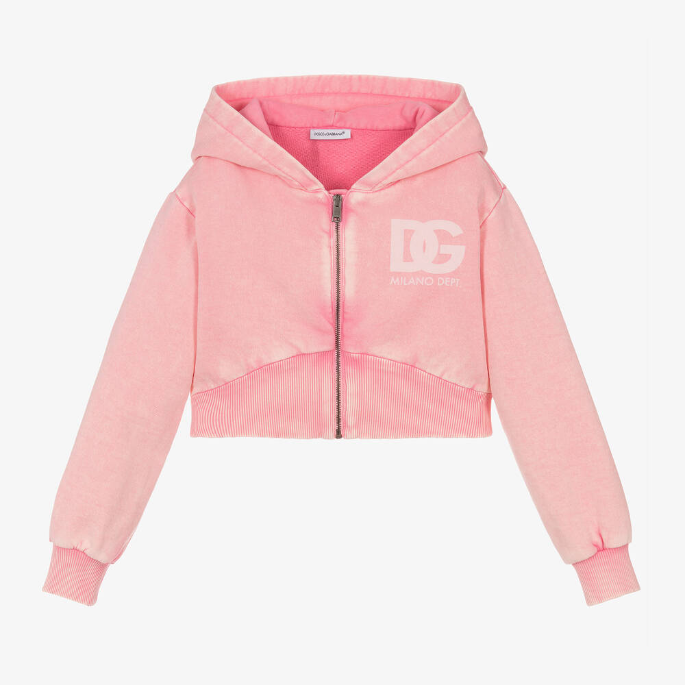Dolce & Gabbana-Girls Washed Pink Cotton Zip-Up Hoodie | Childrensalon Outlet