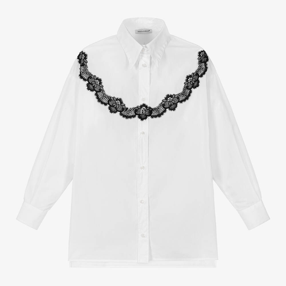 Dolce & Gabbana - قميص قطن بوبلين مزين بدانتيل لون أبيض وأسود | Childrensalon