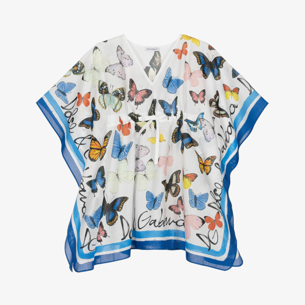 Dolce & Gabbana-Girls White & Blue Butterfly Print Cotton Kaftan | Childrensalon Outlet