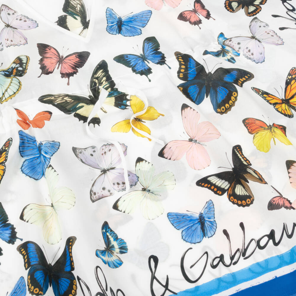 Dolce & Gabbana-Girls White & Blue Butterfly Print Cotton Kaftan | Childrensalon Outlet