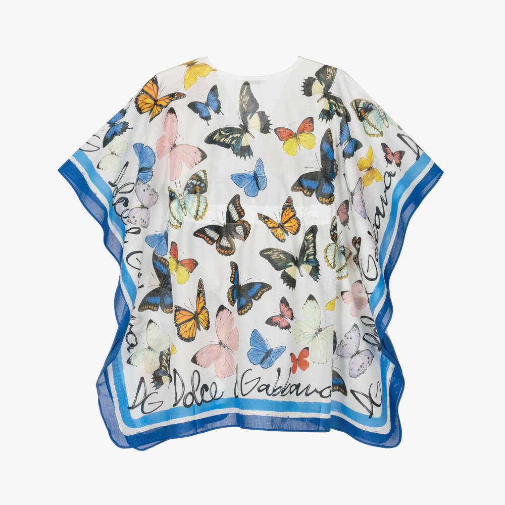Dolce & Gabbana-Girls White & Blue Butterfly Print Cotton Kaftan | Childrensalon Outlet