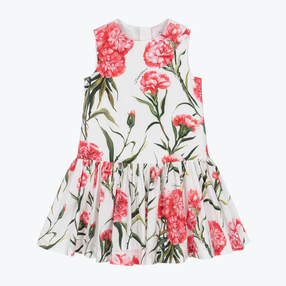 Dolce & Gabbana - Girls White Carnation Cotton Dress | Childrensalon