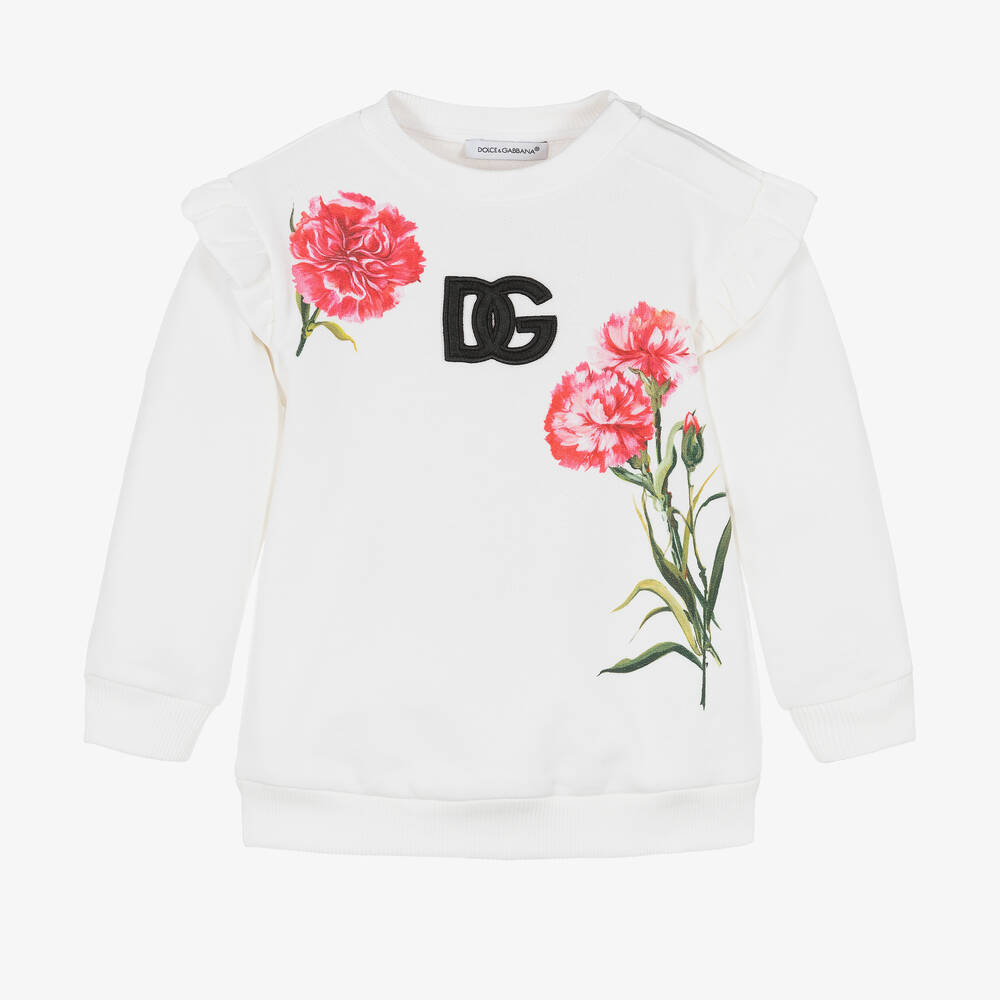 Dolce & Gabbana - Girls White Carnation Cotton Sweatshirt | Childrensalon