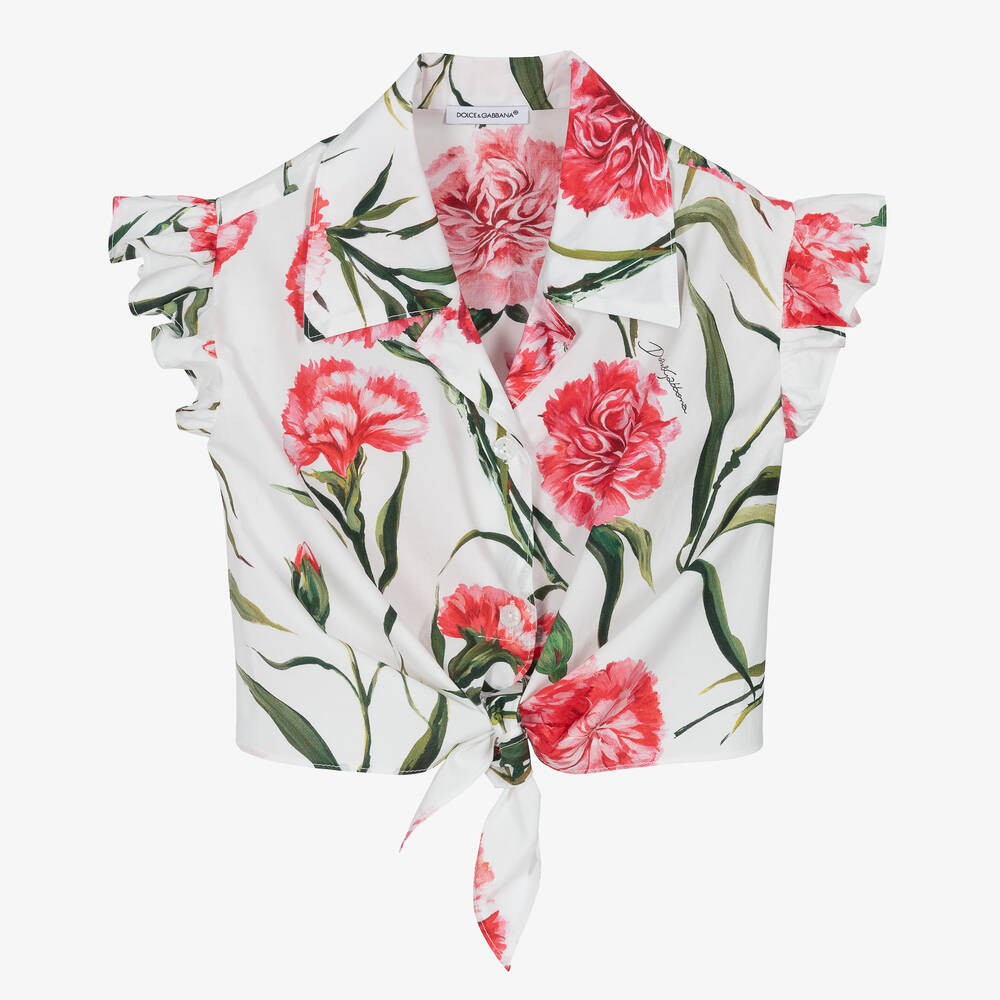 Dolce & Gabbana - Girls White Carnation Print Cotton Blouse | Childrensalon