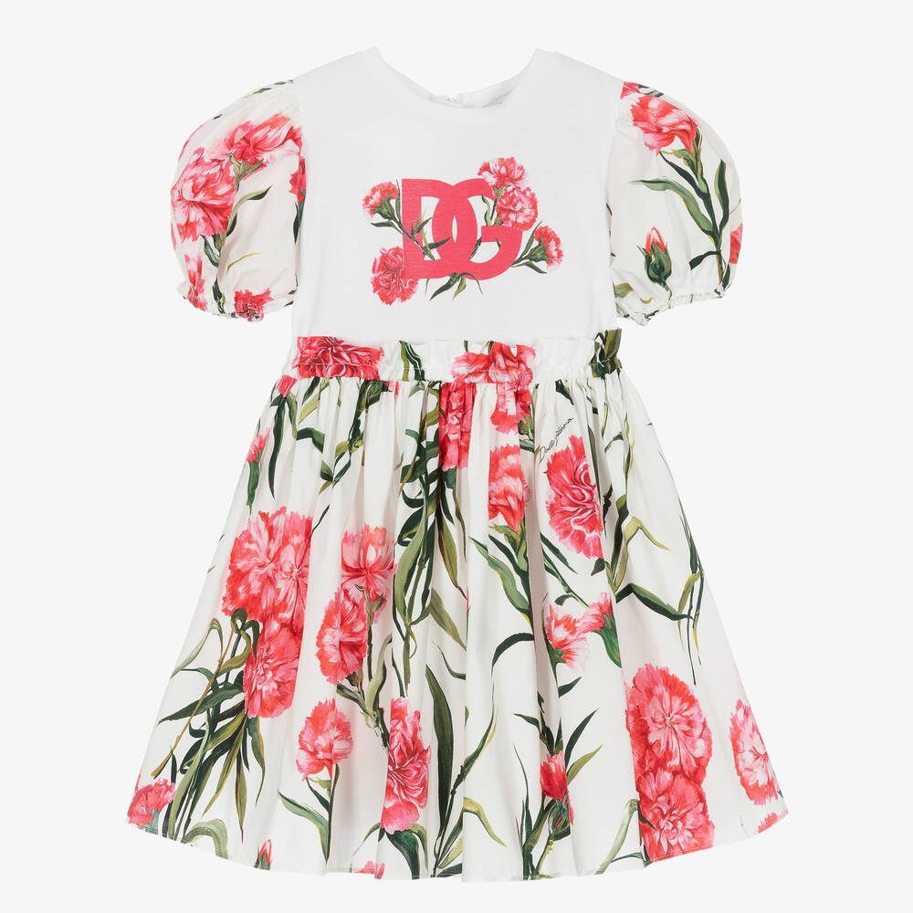 Dolce & Gabbana - Girls White Carnation Print Cotton Dress | Childrensalon
