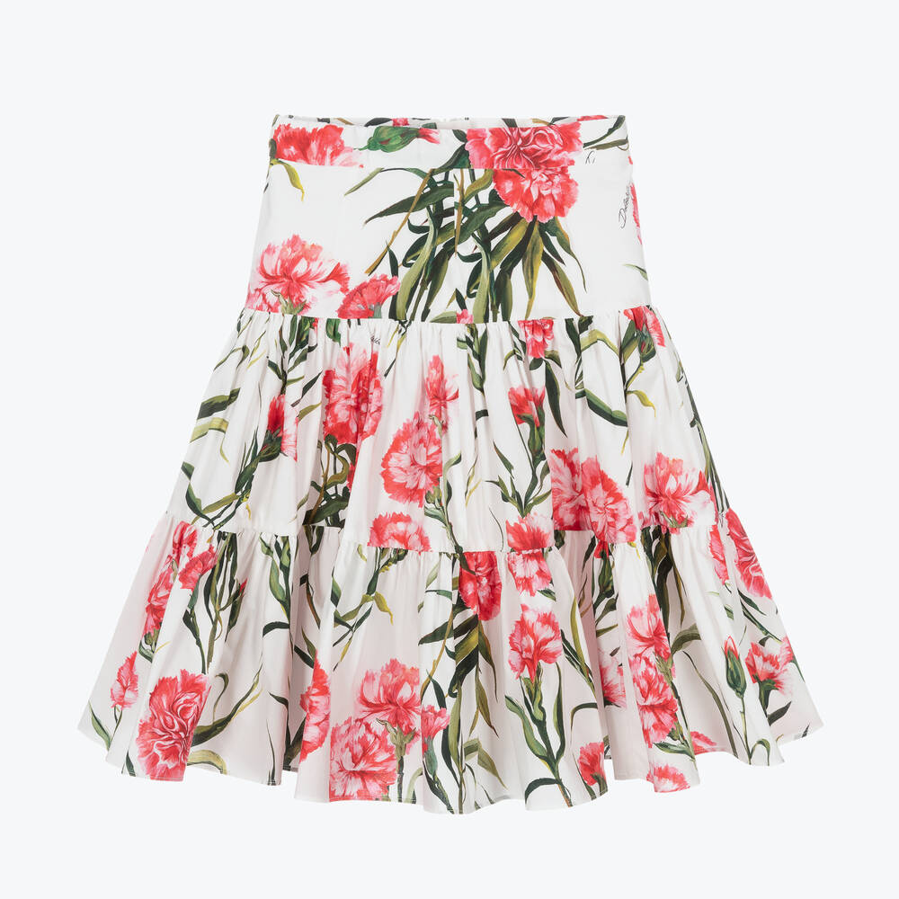Dolce & Gabbana - Girls White Carnation Print Cotton Skirt | Childrensalon