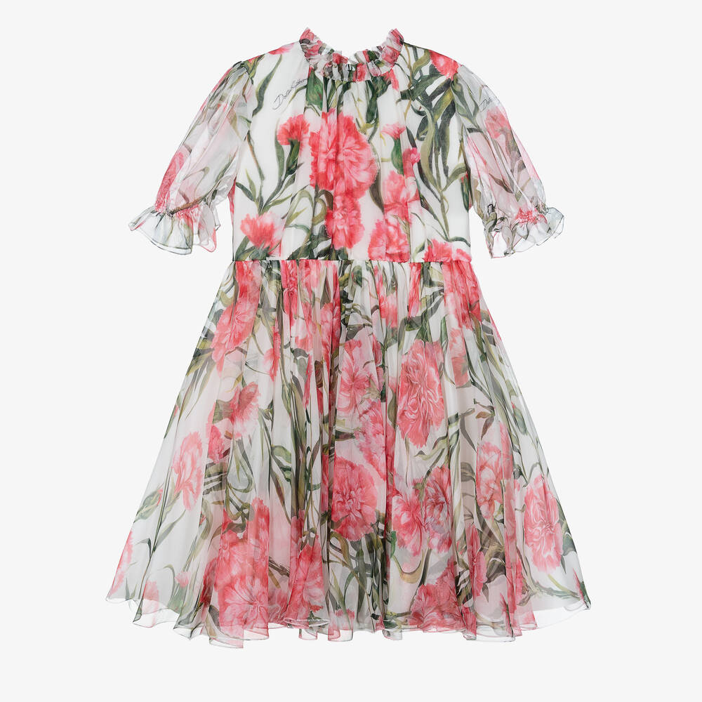 Dolce & Gabbana - Girls White Carnation Silk Chiffon Dress | Childrensalon