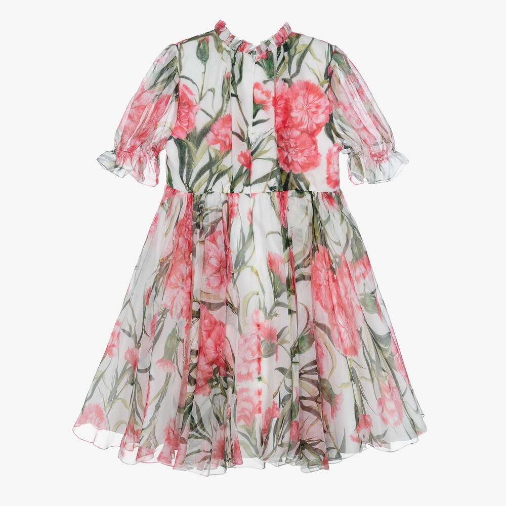 2025-25 秋冬新作  Dolce & Gabbana - Girls White Carnation Silk Chiffon Dress ワンピース