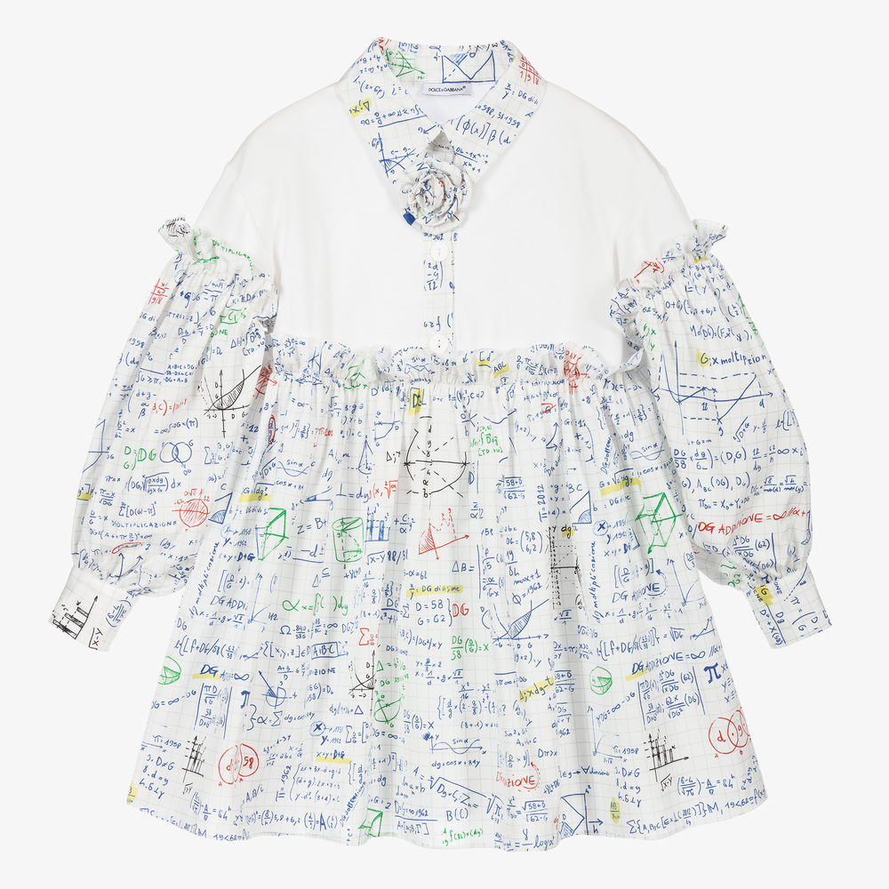 Dolce & Gabbana - Белое хлопковое платье с принтом Algebra для девочек | Childrensalon