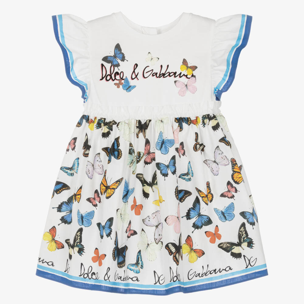 Dolce & Gabbana-فستان أبيض قطني للبنات مزين بالفراشات | Childrensalon Outlet