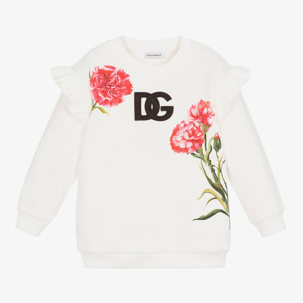 Dolce & Gabbana - Girls White Cotton Carnation Sweatshirt | Childrensalon