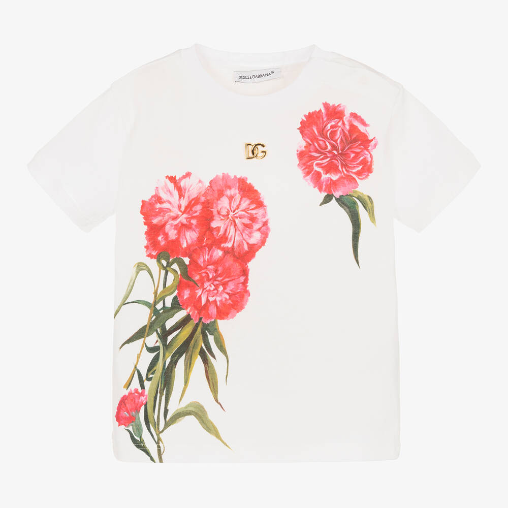 Dolce & Gabbana - Girls White Cotton Carnation T-Shirt | Childrensalon