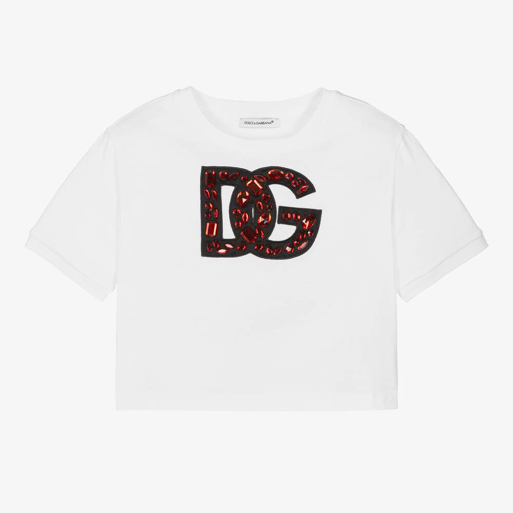 Dolce & Gabbana - Girls White Cotton DG Rhinestone T-Shirt | Childrensalon
