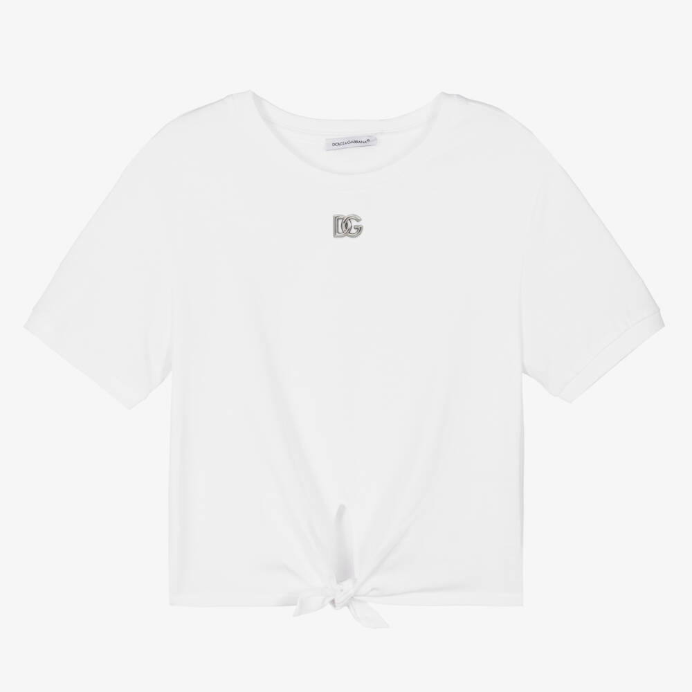 Dolce & Gabbana-Girls White Cotton DG Tie T-Shirt | Childrensalon Outlet