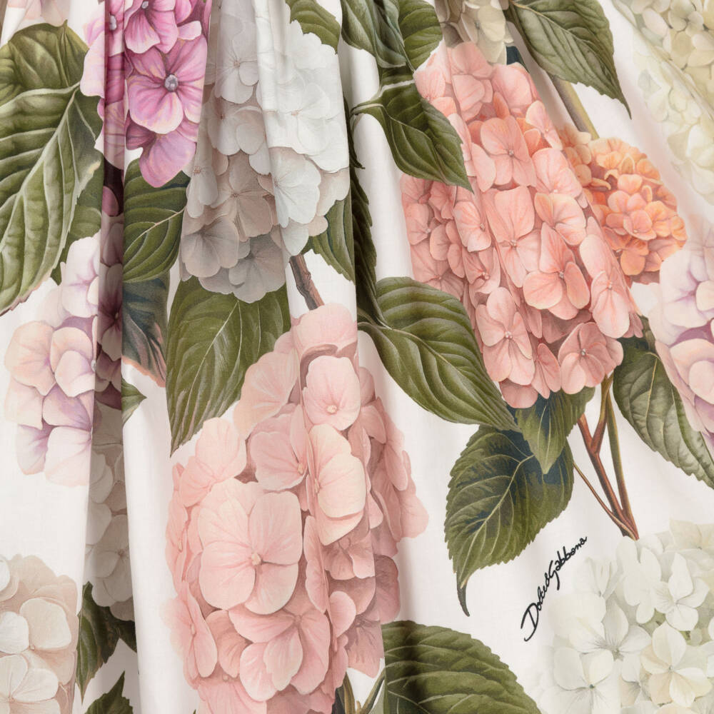 Dolce & Gabbana-Girls White Cotton Dress with Pink Hydrangea Print | Childrensalon Outlet