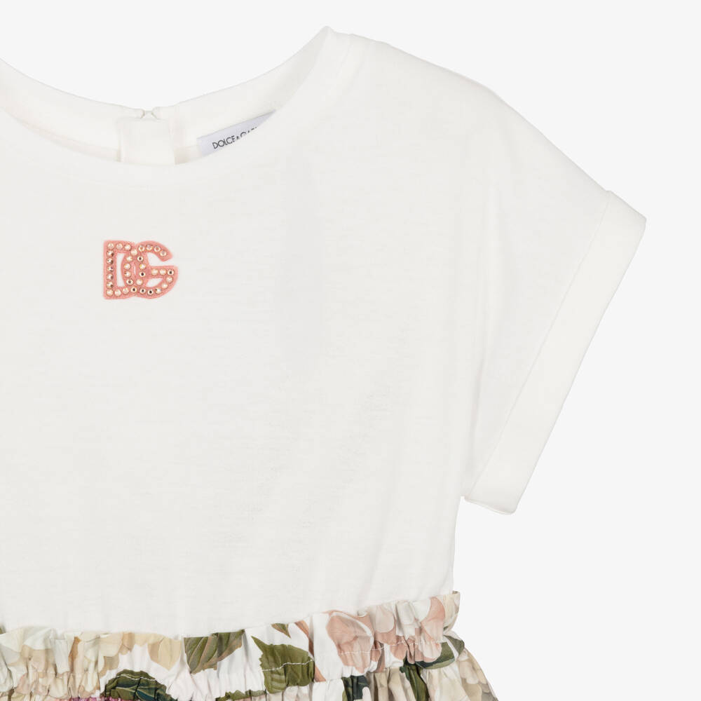 Dolce & Gabbana-Girls White Cotton Dress with Pink Hydrangea Print | Childrensalon Outlet