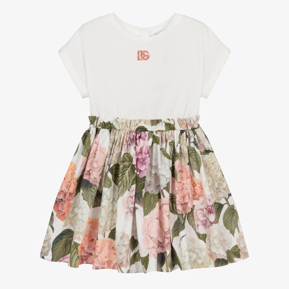 Dolce & Gabbana-Girls White Cotton Dress with Pink Hydrangea Print | Childrensalon Outlet