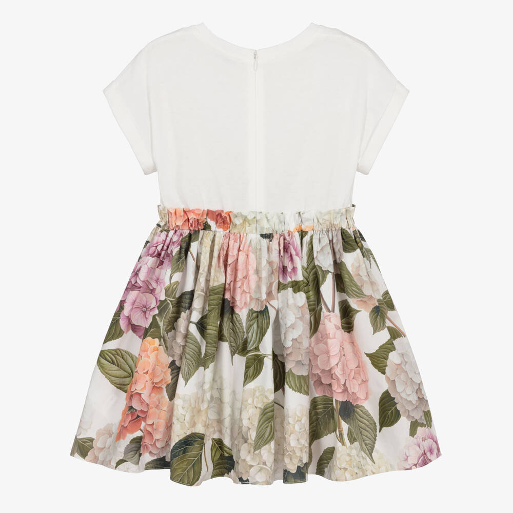 Dolce & Gabbana-Girls White Cotton Dress with Pink Hydrangea Print | Childrensalon Outlet