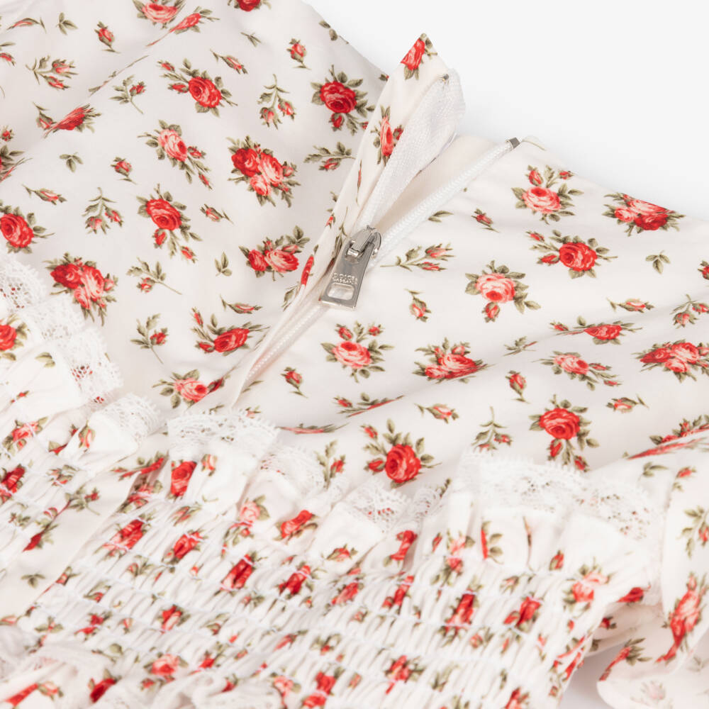 Dolce & Gabbana-Girls White Cotton Dress with Red Rose Print | Childrensalon Outlet