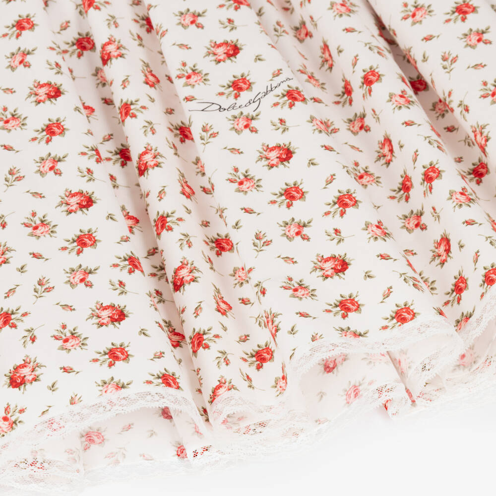 Dolce & Gabbana-Girls White Cotton Dress with Red Rose Print | Childrensalon Outlet
