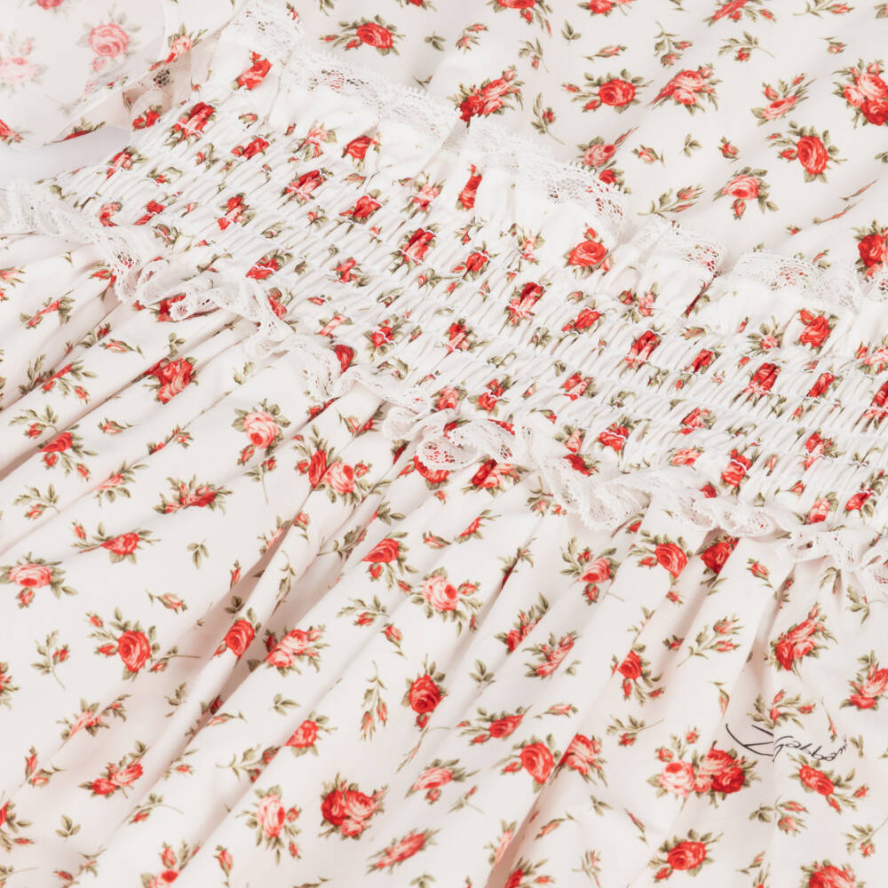 Dolce & Gabbana-Girls White Cotton Dress with Red Rose Print | Childrensalon Outlet