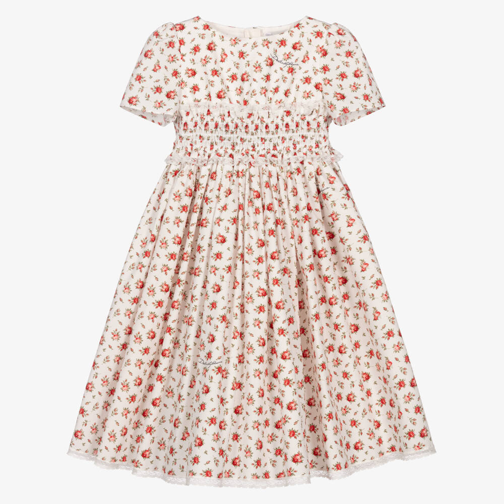 Dolce & Gabbana-Girls White Cotton Dress with Red Rose Print | Childrensalon Outlet