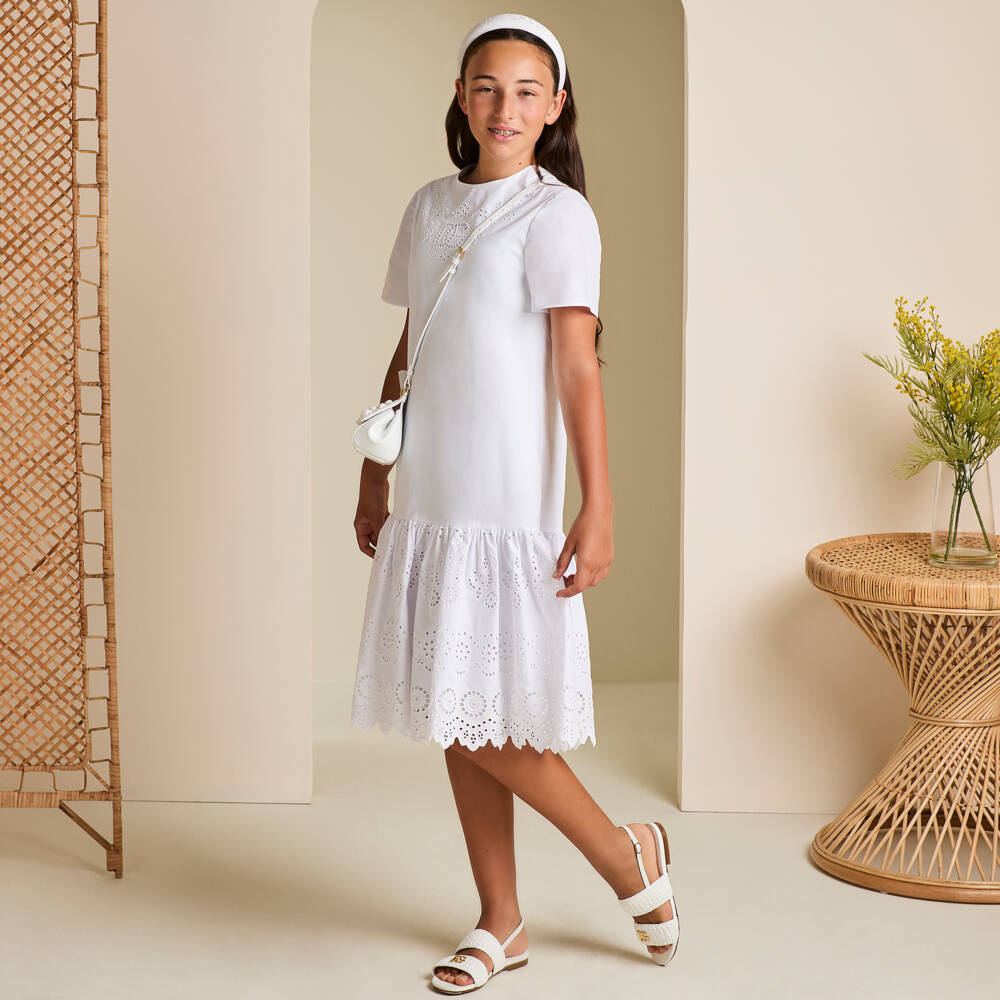 Dolce & Gabbana-فستان برودري انجليز قطن لون أبيض | Childrensalon Outlet