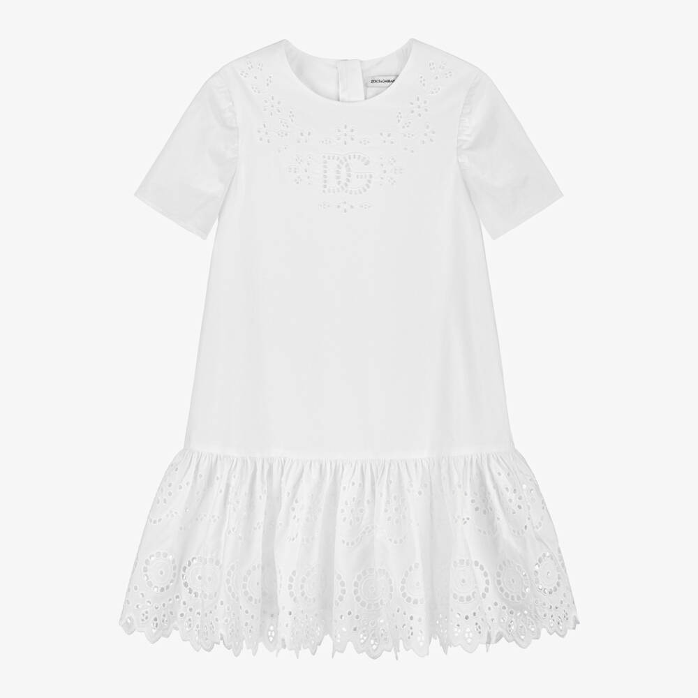 Dolce & Gabbana-Girls White Cotton Eyelet Dress | Childrensalon Outlet