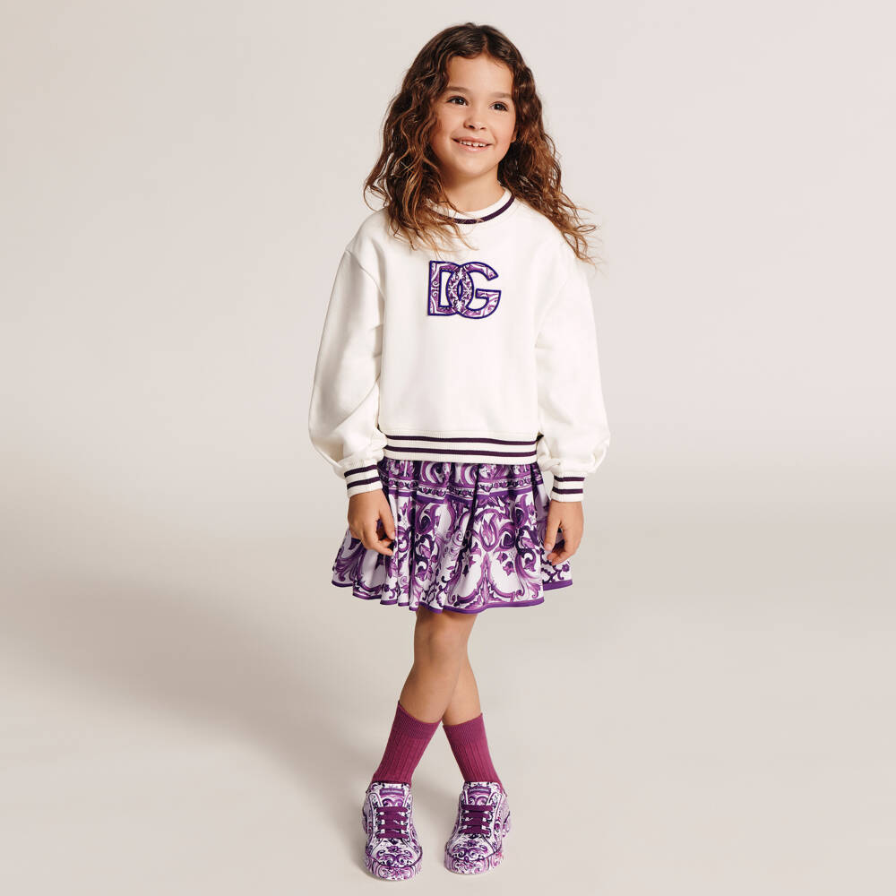 Dolce & Gabbana-Girls White Cotton Majolica Print Logo Sweatshirt | Childrensalon Outlet