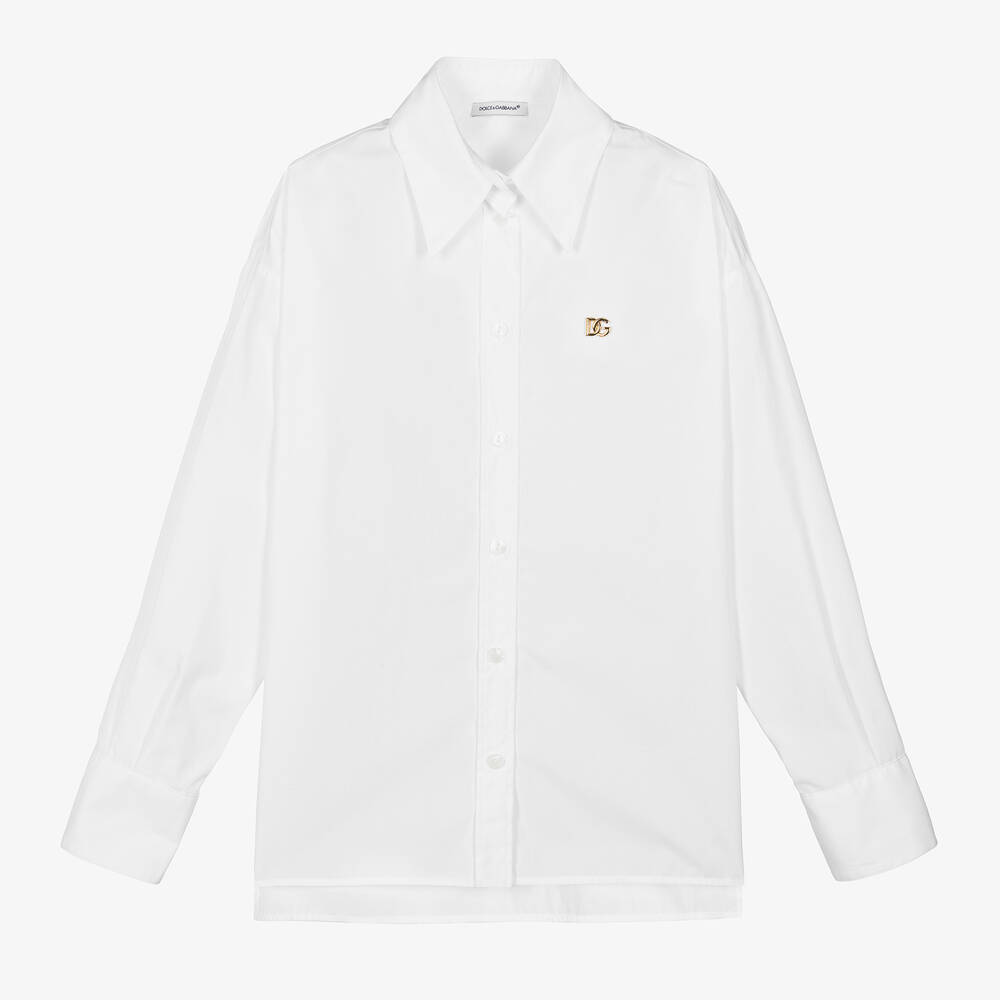 Dolce & Gabbana - Girls White Cotton Poplin DG Shirt | Childrensalon