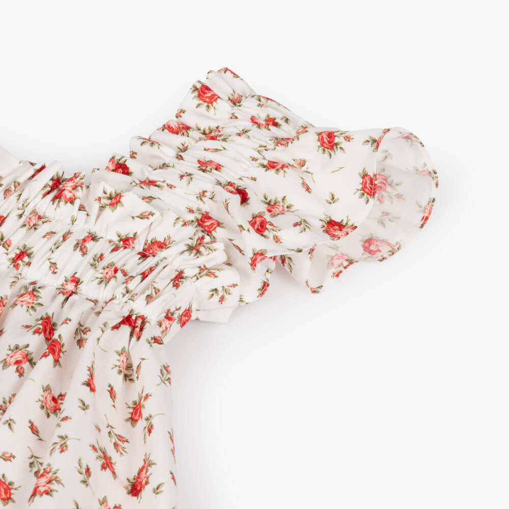 Dolce & Gabbana-Girls White Cotton Poplin Dress with Red Rose Print | Childrensalon Outlet