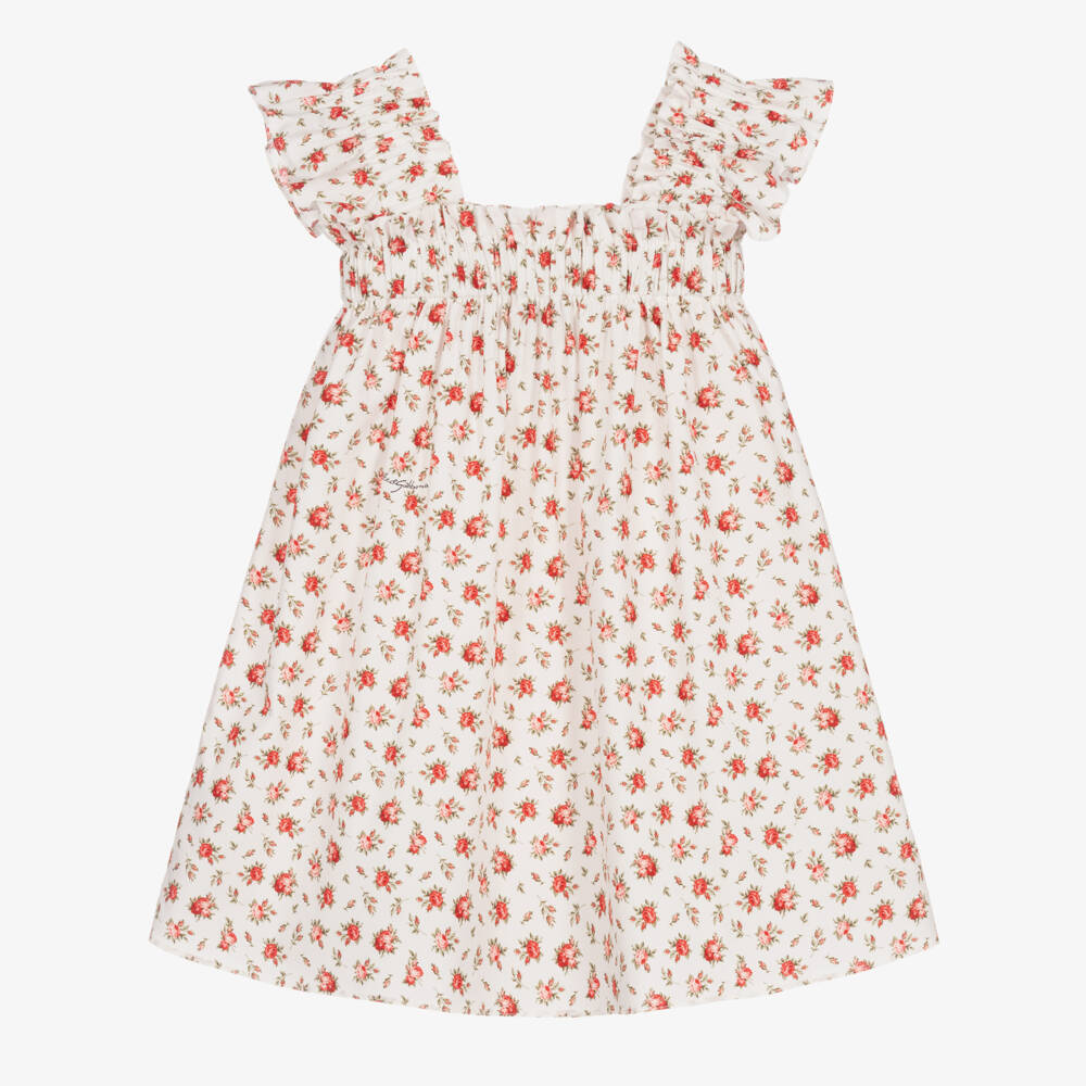 Dolce & Gabbana-Girls White Cotton Poplin Dress with Red Rose Print | Childrensalon Outlet