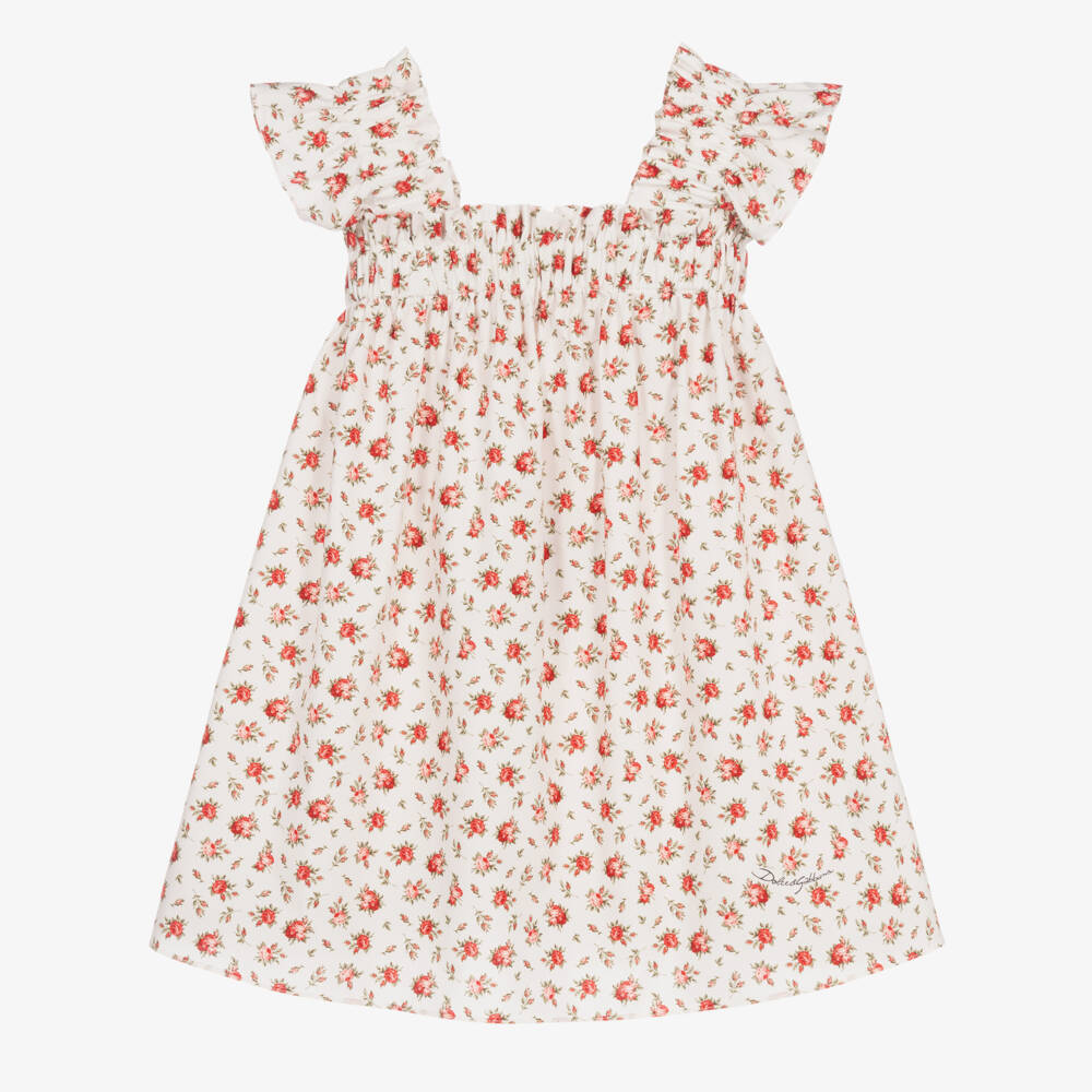 Dolce & Gabbana-Girls White Cotton Poplin Dress with Red Rose Print | Childrensalon Outlet