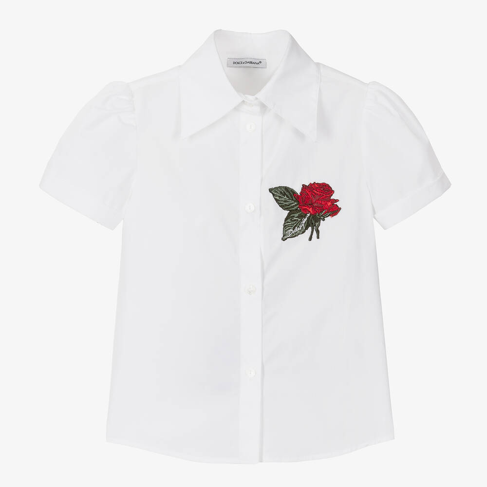 Dolce & Gabbana - Girls White Cotton Poplin Rose Blouse | Childrensalon