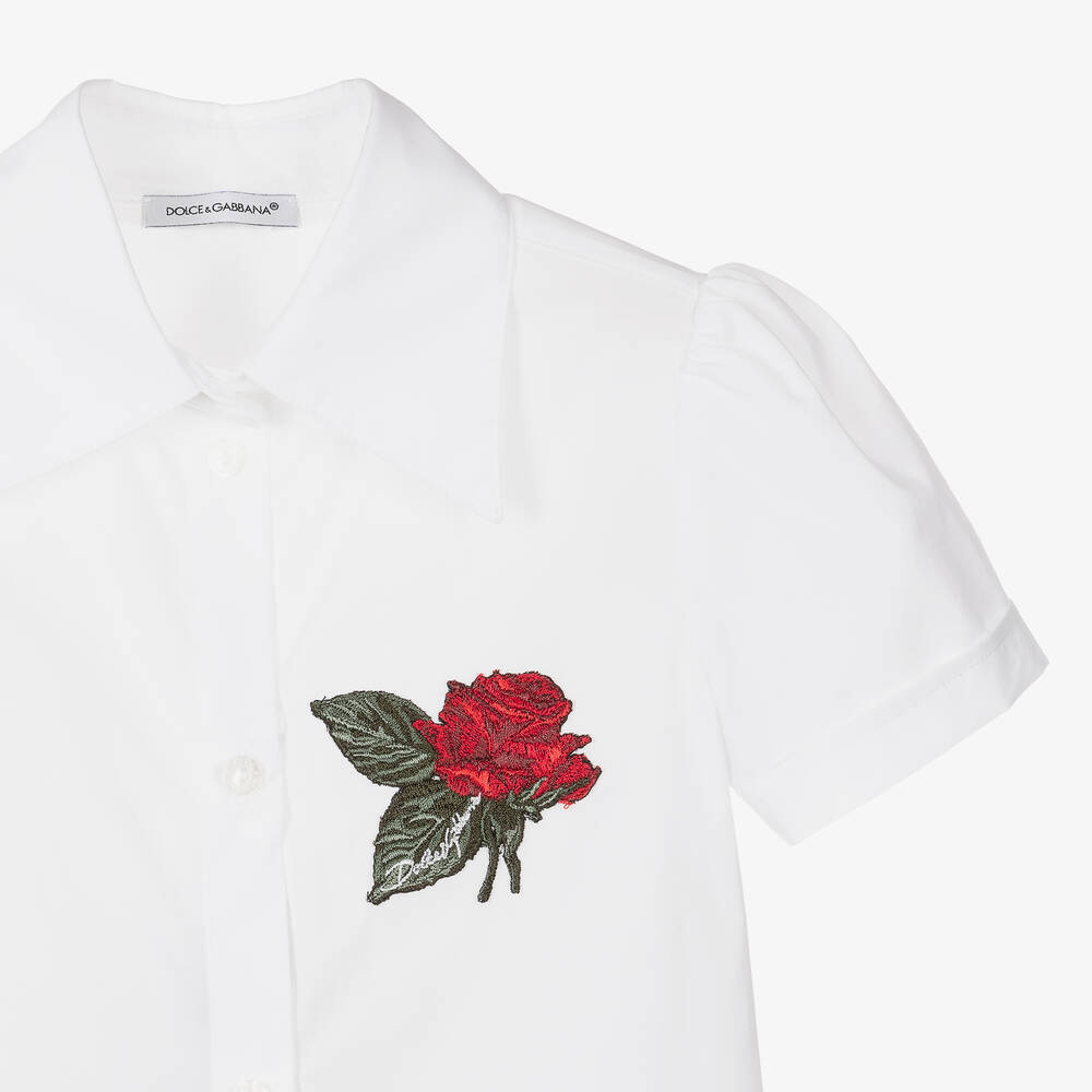 Dolce & Gabbana-Girls White Cotton Poplin Rose Blouse | Childrensalon Outlet