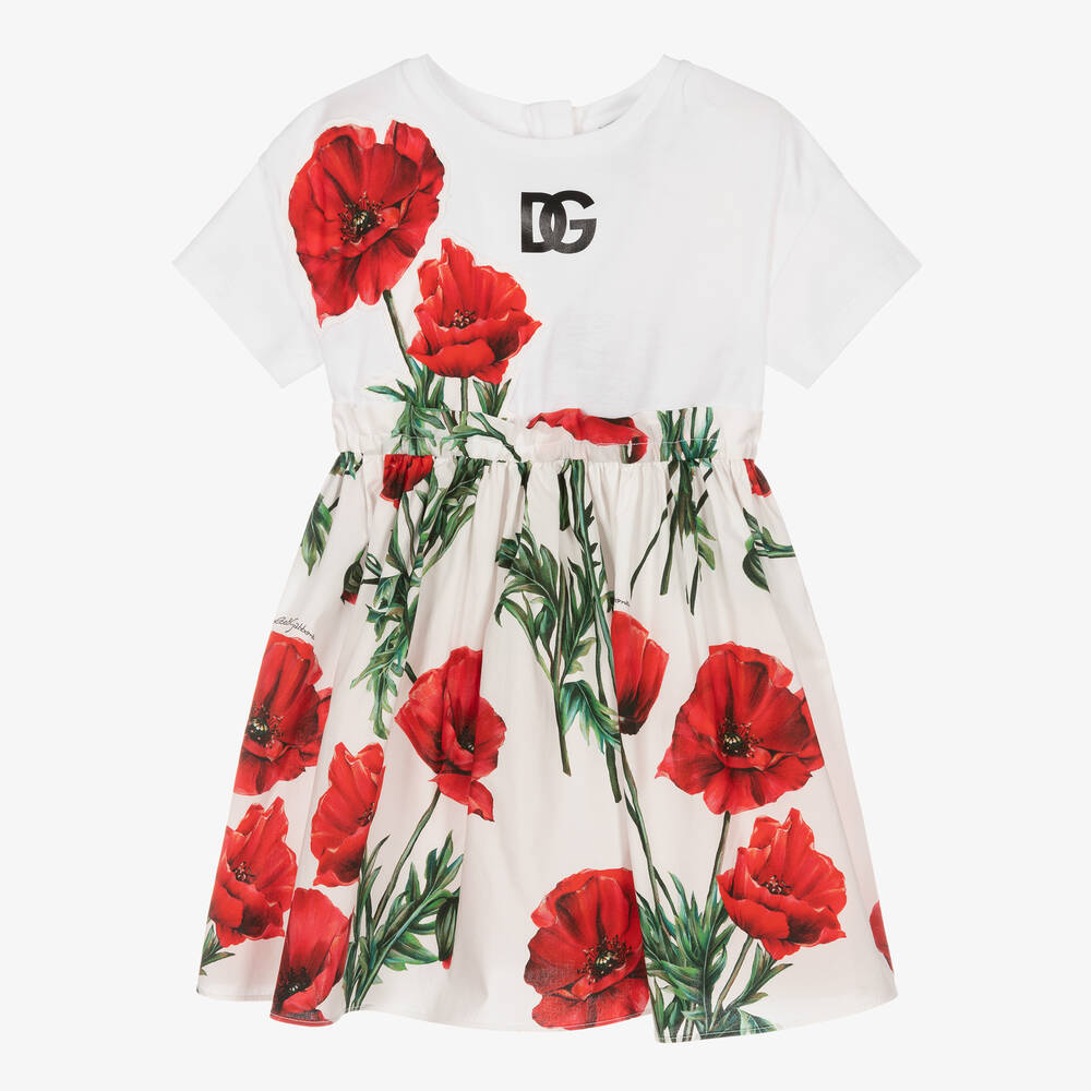 Dolce & Gabbana - Girls White Cotton Poppy Print Dress | Childrensalon